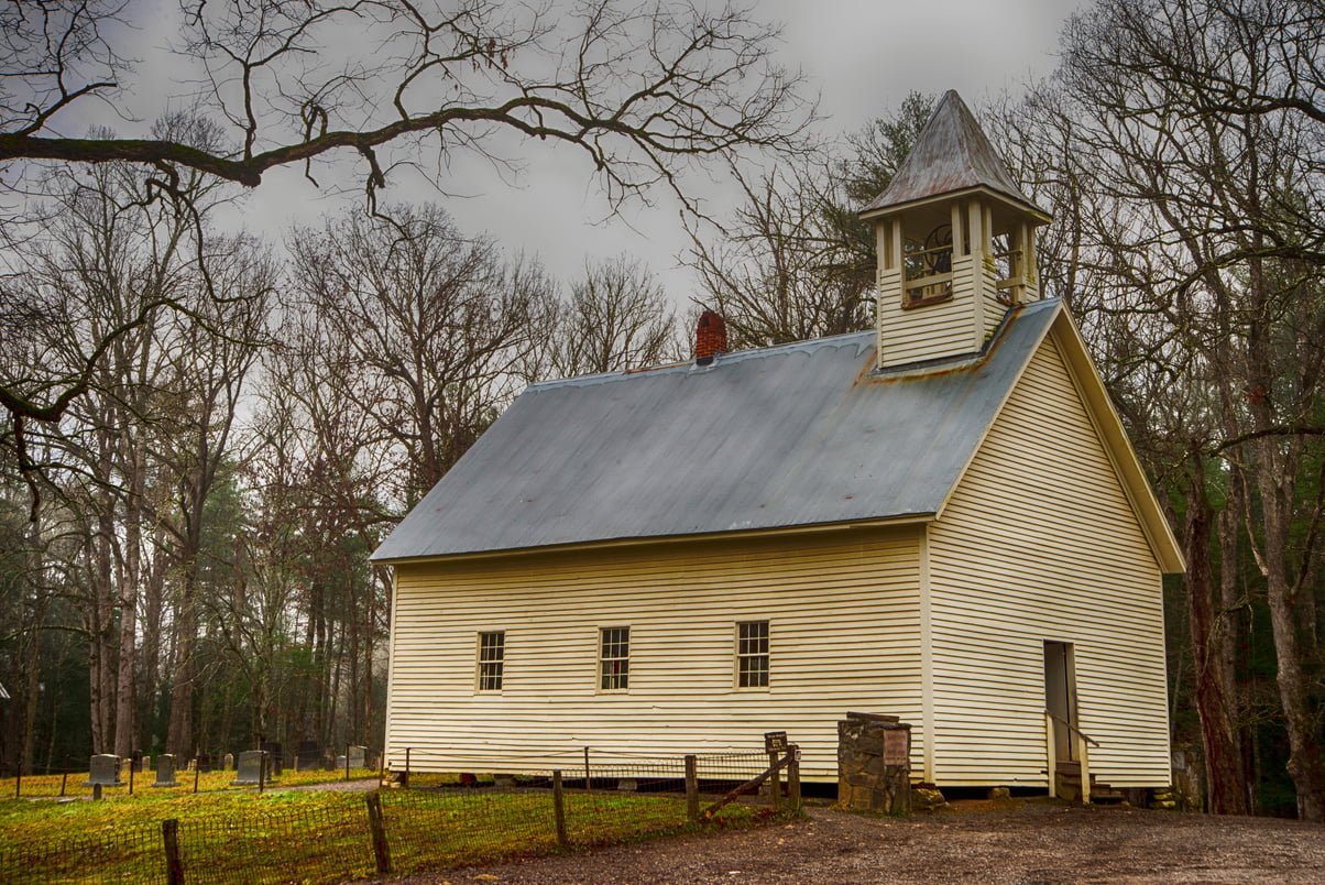 A little white church in winter in Cades Cove.